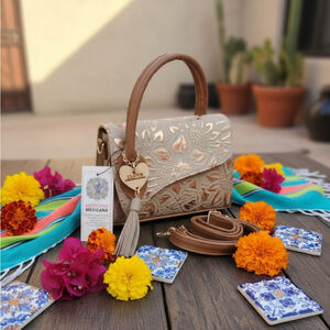 Khaki Gold CognacBrown Sunflower Embossed Tooled Artisan LEATHER Crossbody Purse